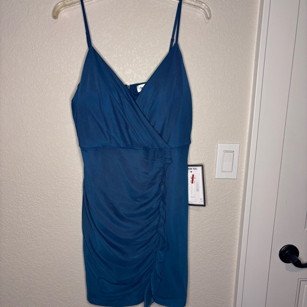Emerald Sundae Blue Ruched Faux Wrap Mini Dress